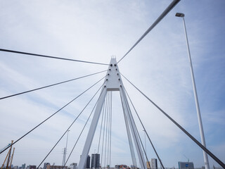 iron architecture of the bridge pulled by wires in tokyo