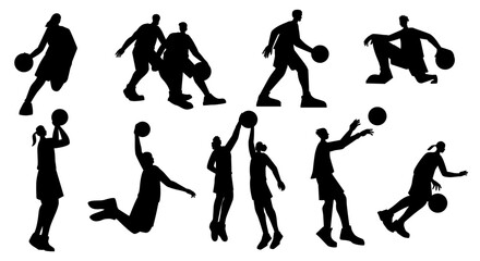 Basketball players silhouettes. Set of athlete characters run dribble jump block pass ball, sport game tournament concept. Vector collection