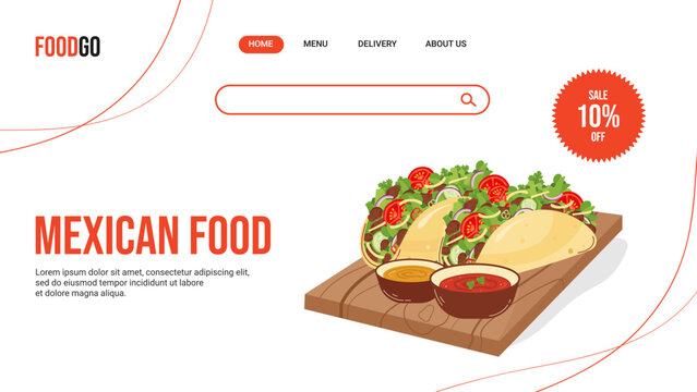 Web banner template for Latin American food delivery website. Traditional Mexican tacos. Flat vector illustration