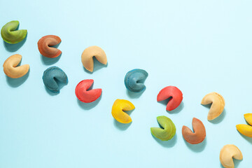 Chinese fortune cookies with prediction words, top view