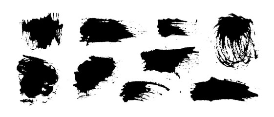 Set of black paint, ink brush strokes, boxes, frames, lines, smudges. Vector dirty, grunge artistic design elements, backgrounds, textures.