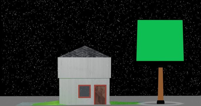 Snowing on the Edge of the Village. Billboard Green Screen Layer for Video Editing