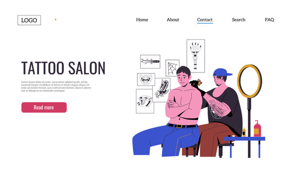 Making tattoo landing. Cartoon professional tattooist with ink needle machine at work, master with client in salon flat website page design. Vector illustration