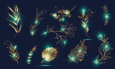 Golden glowing plant composition on background. Big hand drawn colorful gold plant set - universally usable. Botanical, chic and trendy plants. Hand drawn lines, elegant leaves for your own design.