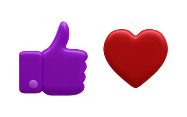 3d realistic thumbs and heart icons isolated on white background. Vector illustration