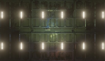 Ceiling metal sci-fi interior in dark scene 3D rendering sci-fi wallpaper backgrounds