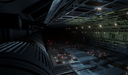 Sci-fi interior corridor metal grate with lighting motion in dark scene 3D rendering architected wallpaper backgrounds