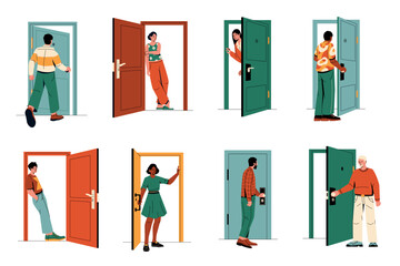 Person go out the door. Male female cartoon characters enter open close doorway, people leaving room standing outside apartment entrance. Vector set - obrazy, fototapety, plakaty