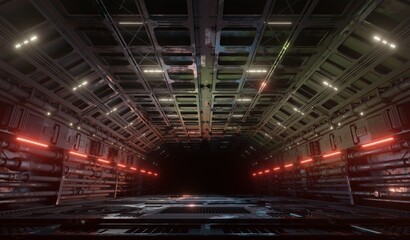 Sci-fi laboratory corridor metal grate lighting in dark scene 3D rendering architected wallpaper backgrounds