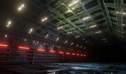 Sci-fi laboratory underground corridor metal grate side view in dark scene 3D rendering industrial wallpaper backgrounds