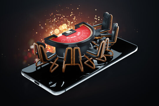Online blackjack, blackjack card game table on smartphone. Creative image, modern design, gambling, card games, online, betting, risk. 3D render, 3D illustration.