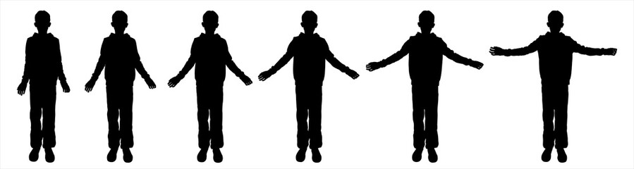 The boy slowly raises or lowers his hands. Sport. A teenager with both hands held high. The joy of a boy. Physical exercises. Front view, full face. Six black teenage silhouettes isolated on white	