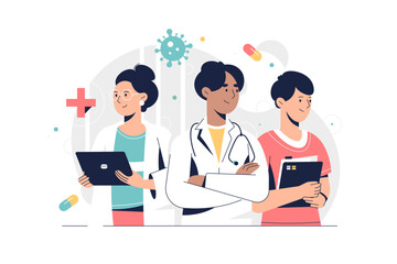 Vector set of doctor characters. Medical staff team concept in hospital. Vector illustration