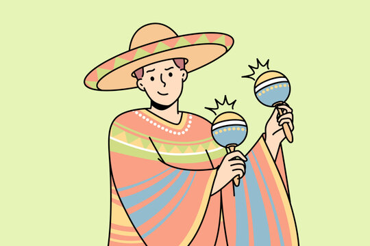 recommend clip art: Latino man in national costume, sombrero plays maracas. Guy in traditional mexican outfit, wide-brimmed hat, holds chac-chac, shakers or cuban rattles. Vector thin line colored illustration.