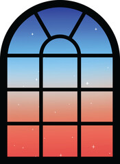 Arch Window Glass Pane With Sunset Sky View