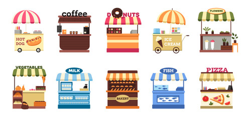 Street stall. Cartoon market stand selling fruit vegetable seafood coffee flowers, festival local farm cart with food flat style. Vector isolated set
