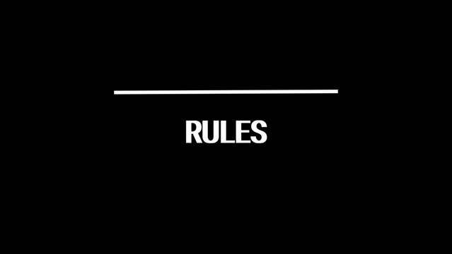 Rules title reveal animation. Text design animation. Isolated on black background