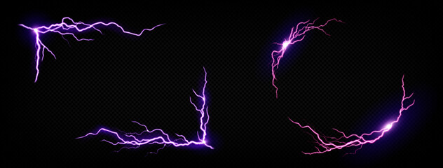 Lightning frames, electric purple thunderbolt rectangular and round borders. Energy strike photo frames, powerful discharge dazzle isolated on black background. Realistic 3d vector illustration