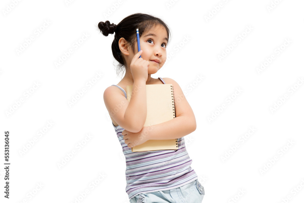 Wall mural portrait with copy space empty place of thoughtful little asian girl having paper and pencil in hand