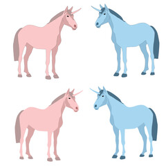 Vector blue pink unicorn stands on a white background