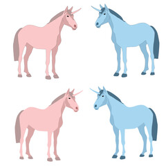 Vector blue pink unicorn stands on a white background