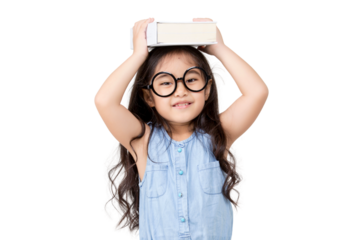 Portrait of lovely little Asian girl thinking and put a book on top with copy space isolated on transparent background, PNG file format.