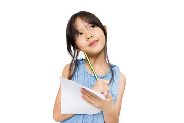 Portrait with copy space empty place of thoughtful little Asian girl having paper and pencil in...