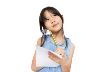 Portrait with copy space empty place of thoughtful little Asian girl having paper and pencil in hands looking up, writer waiting for muse isolated on transparent background, PNG file format.
