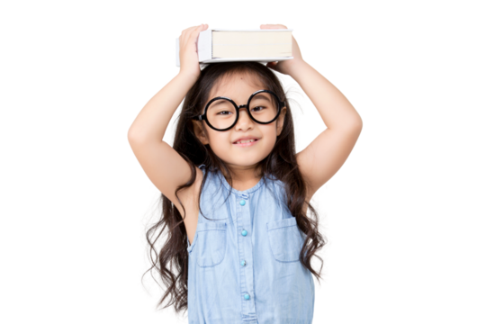 Portrait of lovely little Asian girl thinking and put a book on top with copy space isolated on transparent background, PNG file format.