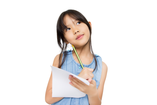 Portrait with copy space empty place of thoughtful little Asian girl having paper and pencil in hands looking up, writer waiting for muse isolated on transparent background, PNG file format. - Powered by Adobe