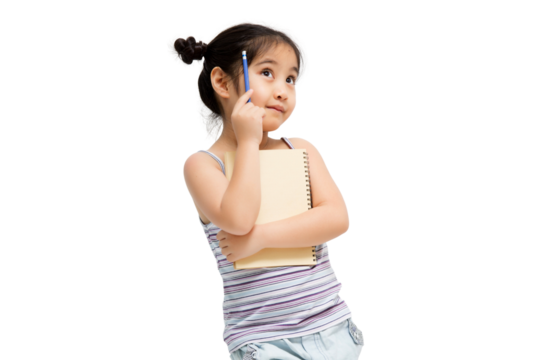 Portrait with copy space empty place of thoughtful little Asian girl having paper and pencil in hands looking up, writer waiting for muse isolated on transparent background, PNG file format.