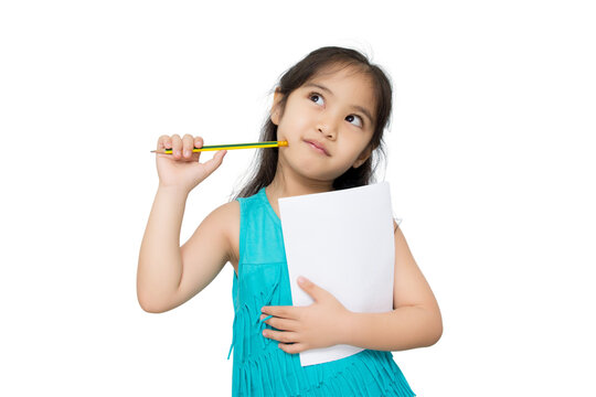 Portrait With Copy Space Empty Place Of Thoughtful Little Asian Girl Having Paper And Pencil In Hands Looking Up, Writer Waiting For Muse Isolated On Transparent Background, PNG File Format.