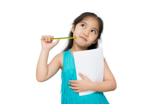 Portrait with copy space empty place of thoughtful little Asian girl having paper and pencil in hands looking up, writer waiting for muse isolated on transparent background, PNG file format.