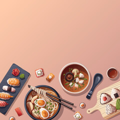 Sushi, Miso soup, ramen, onigiri. Japanese food, healthy eating, cooking, menu concept. Vector illustration. Square card, cover, poster.