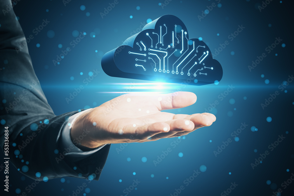 Poster close up of businessman hand holding abstract digital cloud circuit on blue background. cloud comput