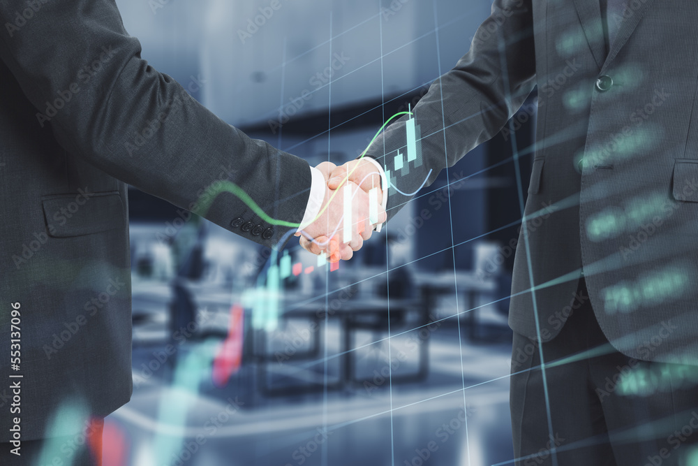 Poster close up of businessmen shaking hands with glowing business forex chart hologram and grid on blurry 