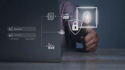 Secure access granted by valid fingerprint scan, cyber security on internet.