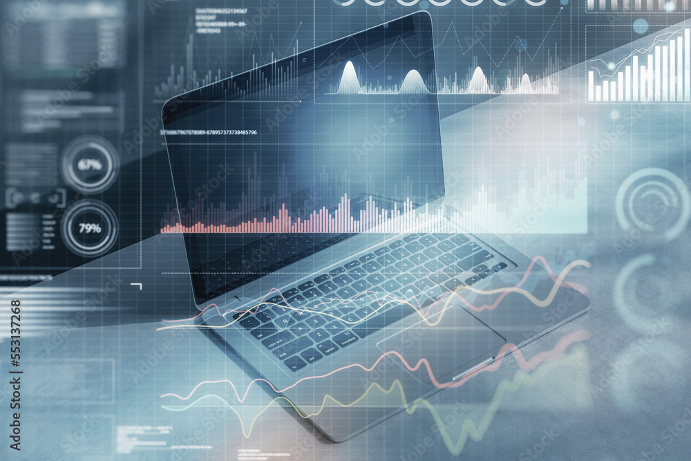 Poster close up of laptop computer with digital business graph hologram on blurry blue background. trade, f