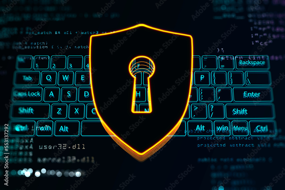 Poster Cyber security and data protection concept with front view on digital dark shield with keyhole on blue keyboard background. 3D rendering