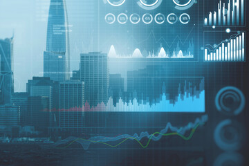 Digital business graph hologram on blurry blue city background. Trade, finance and analysis...