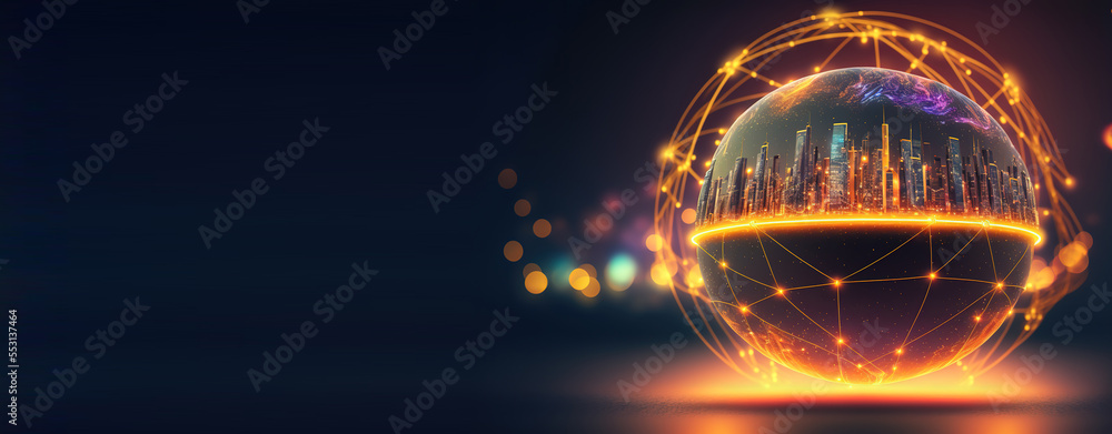 Poster global communication technologies. digital tech of world globe wireless. futuristic modern illustrat
