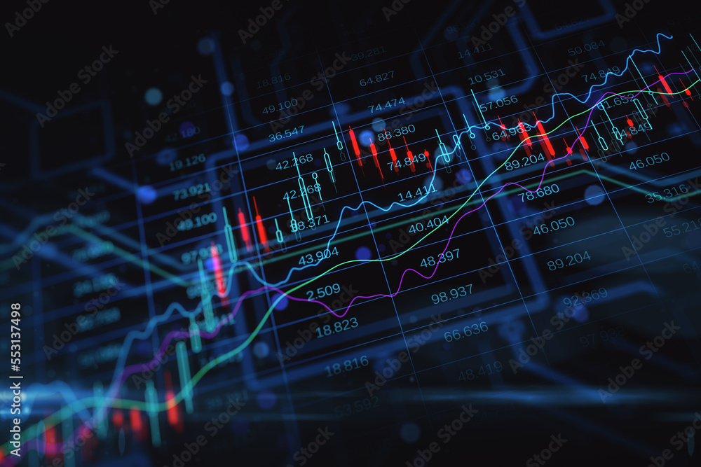 Poster Investing and stock market trading concept with growing up forex candlestick and graphs on dark blurred background with financial chart statement. 3D rendering
