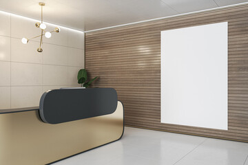 Perspective view on blank white poster with place for your logo on slatted wooden wall in spacious reception area hall with golden desk, glossy floor and light wall background. 3D rendering, mockup - obrazy, fototapety, plakaty