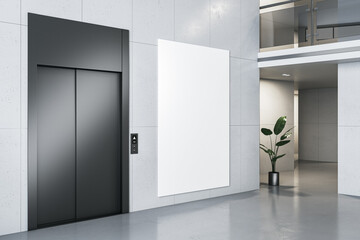 Modern office lobby interior with empty white mock up poster, elevator, decorative plant and concrete flooring. 3D Rendering.