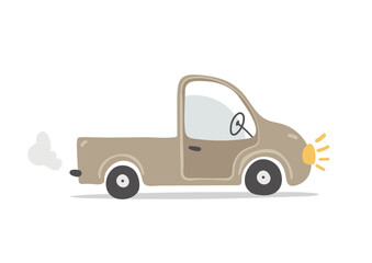 Pickup car icon, small truck, baby toy car, flat cartoon vector illustration isolated on a white background. City transport, private car, flat cartoon design.