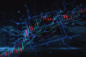 Investing and stock market trading concept with growing up forex candlestick and graphs on dark blurred background with financial chart statement. 3D rendering