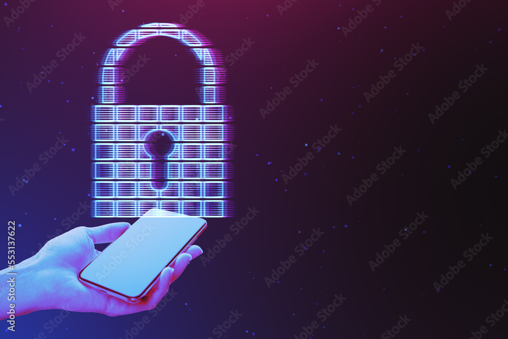 Poster close up of female hand holding mobile phone with glowing digital padlock hologram on dark purple ba