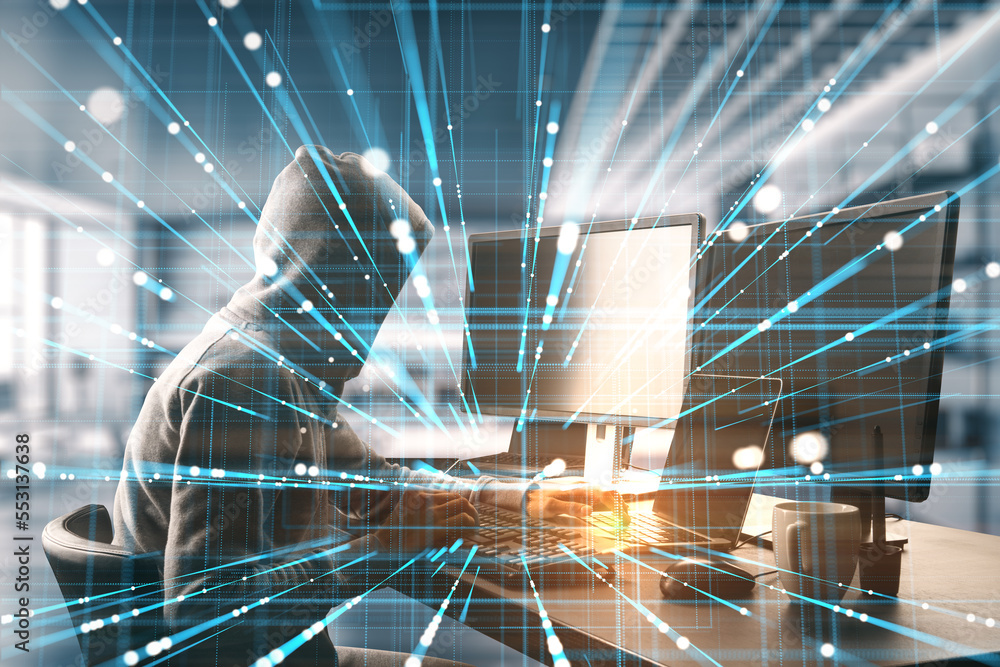 Poster  hacker using laptop at table with creative linear matrix hologram on blurry office interior background. Metaverse, hacking, data theft, vr and futuristic technology concept. Double exposure.
