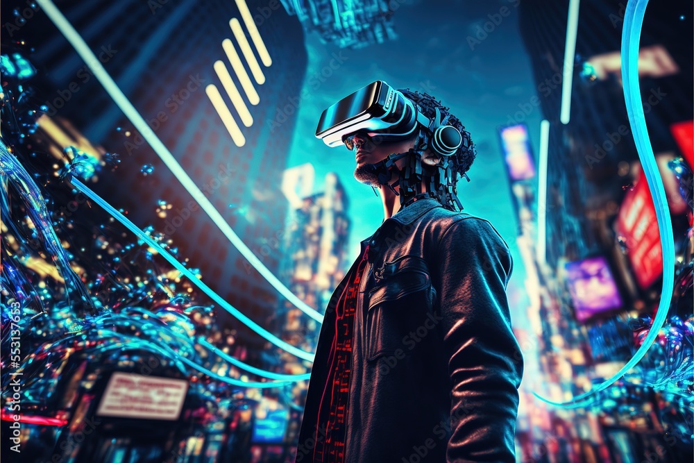 Poster Man in VR AR 3d futuristic headset in virtual reality simulation in metaverse. Futuristic modern illustration in blue neon colors. AI