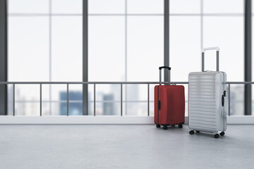 Red and gray suitcases placed in clean blurry airport interior with panoramic windows and city view. Travel and luggage concept. 3D Rendering.